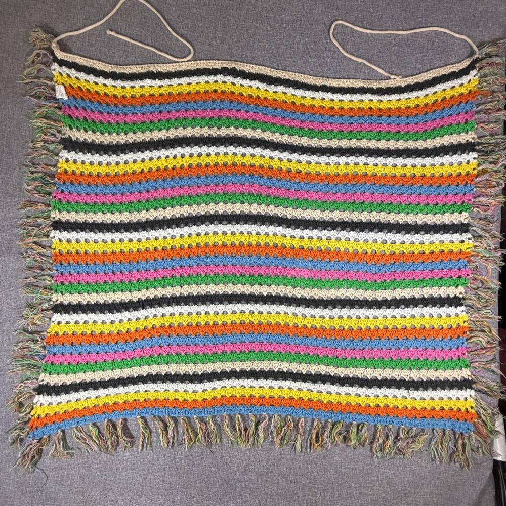 Crochet Multicolor Rainbow Fringe Wrap Scarf Top Boho Festival Hippie Retro Rave
